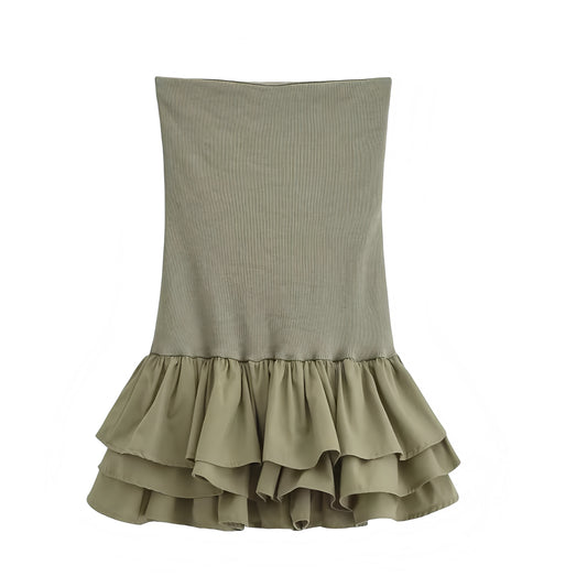 Olive Green Bodycon Layered Ruffle Drop Waist Strapless Mini Dress. Slim fit bodycon silhouette with chic layered ruffle trim, drop waist, flared tutu peplum hem, strapless sleeveless design, and square neckline. Short mini sundress for women, ladies, and teens seeking feminine fashion for holidays, vacations, casual everyday wear, school, sorority rush, prom, hoco, homecoming, dance, evening parties, night out, going-out looks, Euro summer, Stockholm style, boho chic, and preppy fashion. Ships worldwide 