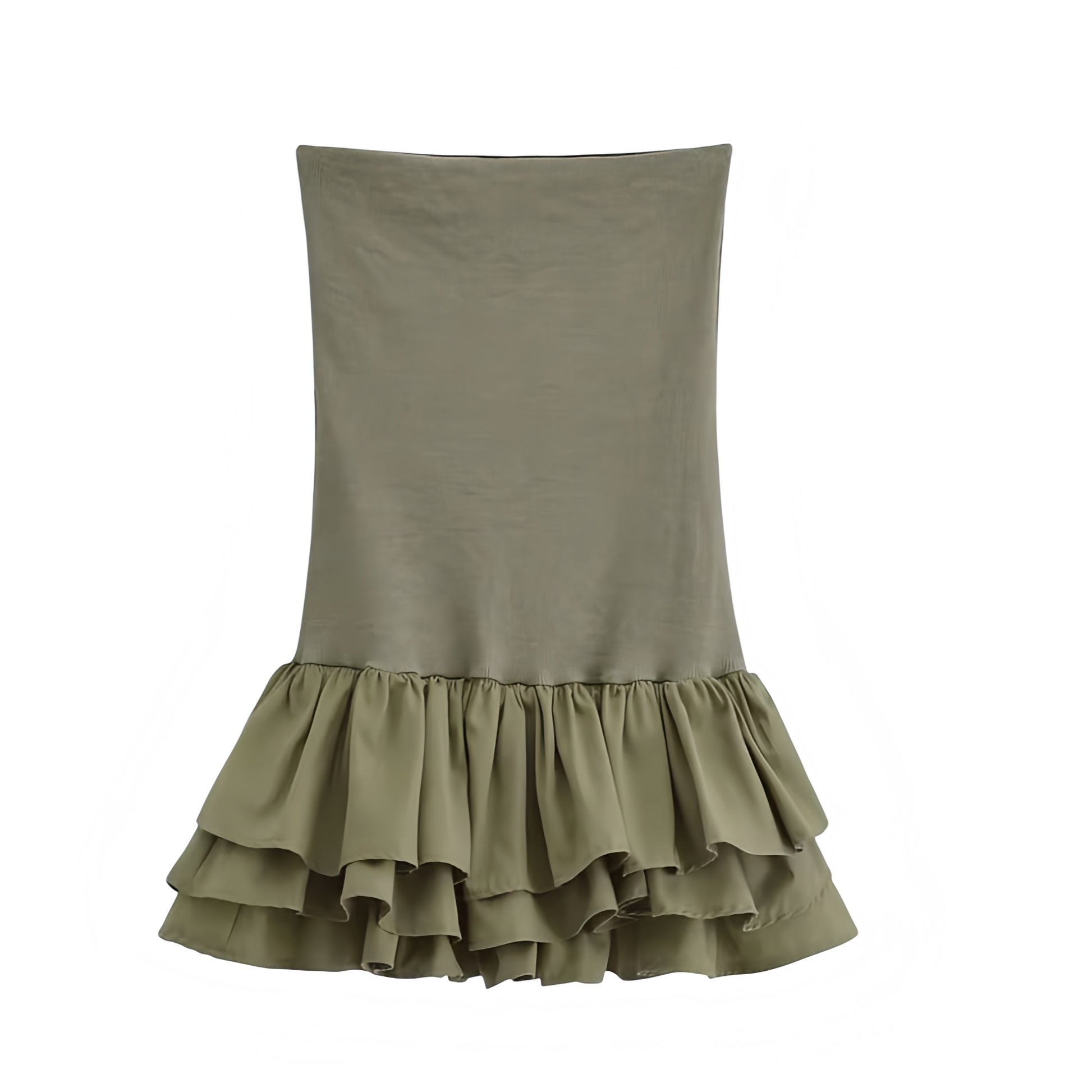 Olive Green Bodycon Layered Ruffle Drop Waist Strapless Mini Dress. Slim fit bodycon silhouette with chic layered ruffle trim, drop waist, flared tutu peplum hem, strapless sleeveless design, and square neckline. Short mini sundress for women, ladies, and teens seeking feminine fashion for holidays, vacations, casual everyday wear, school, sorority rush, prom, hoco, homecoming, dance, evening parties, night out, going-out looks, Euro summer, Stockholm style, boho chic, and preppy fashion. Ships worldwide