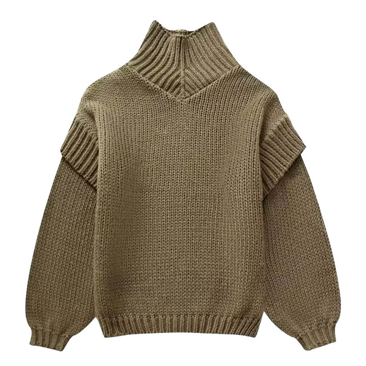 Olive Green Chunky Knit Oversized Balloon Sleeve Turtleneck Pullover Sweater for women and teens. Soft, cozy, thick ribbed knitwear with long sleeves, cuffed hems, and relaxed oversized fit. Trendy and elegant dark green and matcha green knit jumper perfect for fall, winter, and holiday outfits. Feminine Scandinavian streetwear and clean girl aesthetic fashion. Ships globally and worldwide to the US, UK, Canada, Australia, Europe, Asia, and more.