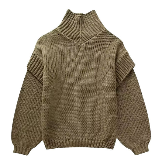 Olive Green Chunky Knit Oversized Balloon Sleeve Turtleneck Pullover Sweater for women and teens. Soft, cozy, thick ribbed knitwear with long sleeves, cuffed hems, and relaxed oversized fit. Trendy and elegant dark green and matcha green knit jumper perfect for fall, winter, and holiday outfits. Feminine Scandinavian streetwear and clean girl aesthetic fashion. Ships globally and worldwide to the US, UK, Canada, Australia, Europe, Asia, and more.