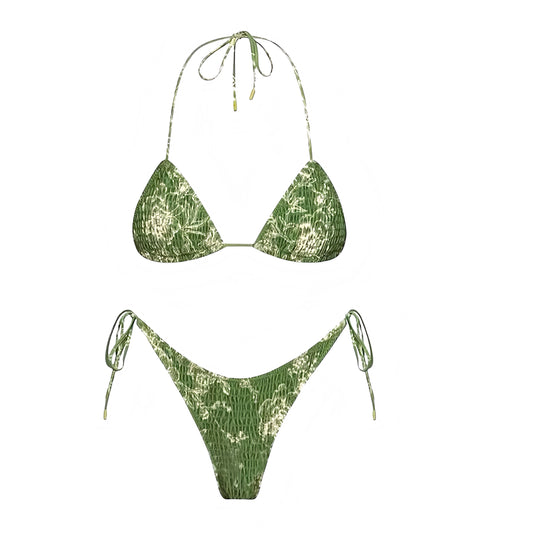 Olive Green Floral Print Ruched 2 Piece Triangle Bikini Set for women and teens, featuring dark green and white floral pattern, ruched wireless wire-free push up bikini top with v neck halter spaghetti straps, sleeveless backless string tie style, matching bottoms in cheeky thong or full coverage. Feminine sexy summer 2025 swimwear, beach, resort wear, tropical holiday vacation fashion. Chic Y2K preppy style bikini set. Ships globally to US, Australia, New Zealand, UK, Canada, Europe, Asia, Germany, France