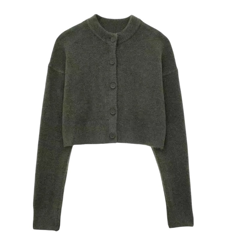 Olive green knit button-down long-sleeve cropped cardigan sweater for women and teens, soft woolen chunky knit jumper with round neckline, lightweight warm fuzzy cozy texture, elegant feminine preppy chic streetwear knitwear for fall autumn winter 2025, Zara dupe and Aritzia-inspired Scandinavian style with global worldwide shipping to US UK Canada Europe Australia Asia from Dazey Hill.