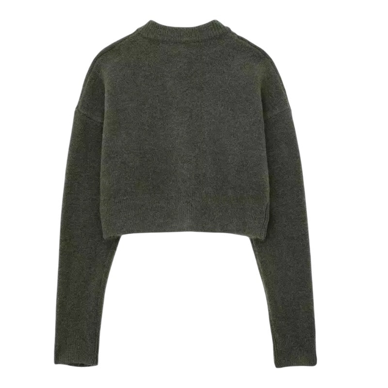 Olive green knit button-down long-sleeve cropped cardigan sweater for women and teens, soft woolen chunky knit jumper with round neckline, lightweight warm fuzzy cozy texture, elegant feminine preppy chic streetwear knitwear for fall autumn winter 2025, Zara dupe and Aritzia-inspired Scandinavian style with global worldwide shipping to US UK Canada Europe Australia Asia from Dazey Hill.