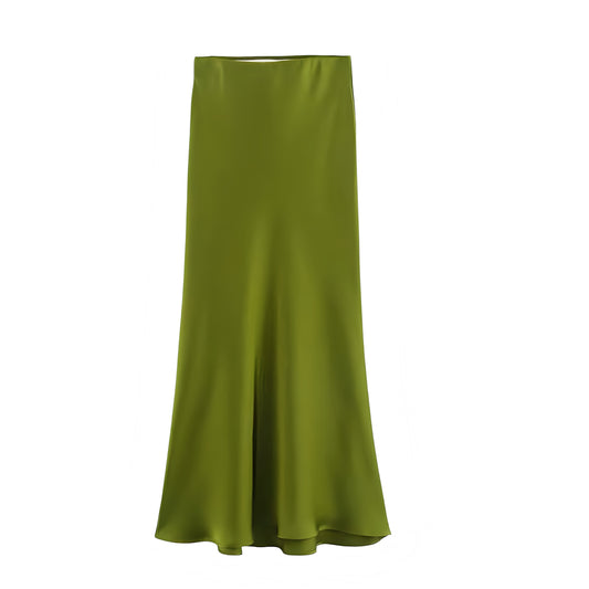 Olive green satin low rise midi skirt for women and teens. Slim fit bodycon a line silhouette slip sheath pencil plisse flowy midi maxi skirt. Elegant chic trendy feminine Y2K summer fall fashion. Perfect for holiday vacation casual everyday sorority rush school rave sexy club wear Ibiza style boho chic Euro summer evening party beach festival concert night out outfit. Ships globally worldwide to USA, UK, Canada, Australia, New Zealand, Germany, France, Ireland, Denmark, Sweden, Switzerland, Spain, Europe 