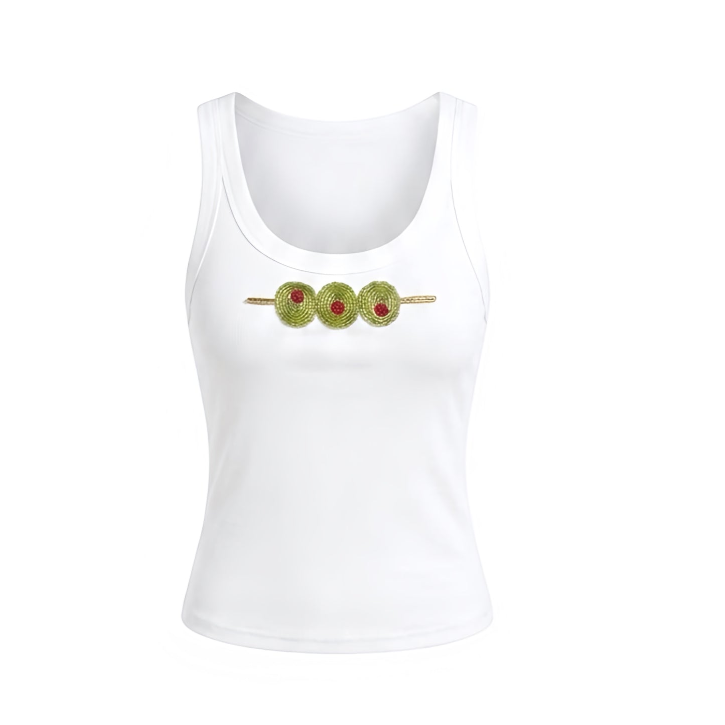 Olive Y2K sparkly beaded fitted scoop neck tank top with white olive bead design, green and red martini olive stick bead patterned detail. Slim fit bodycon ribbed cotton blend crop top with scoop neck, plunging neckline, spaghetti straps, sleeveless racerback silhouette and sparkling beaded finish. Y2K beaded top perfect for 2000s fashion, retro style, beach club outfits, Ibiza fashion, Euro summer, festival outfits, rave outfits, baddie outfits and beach girl style.