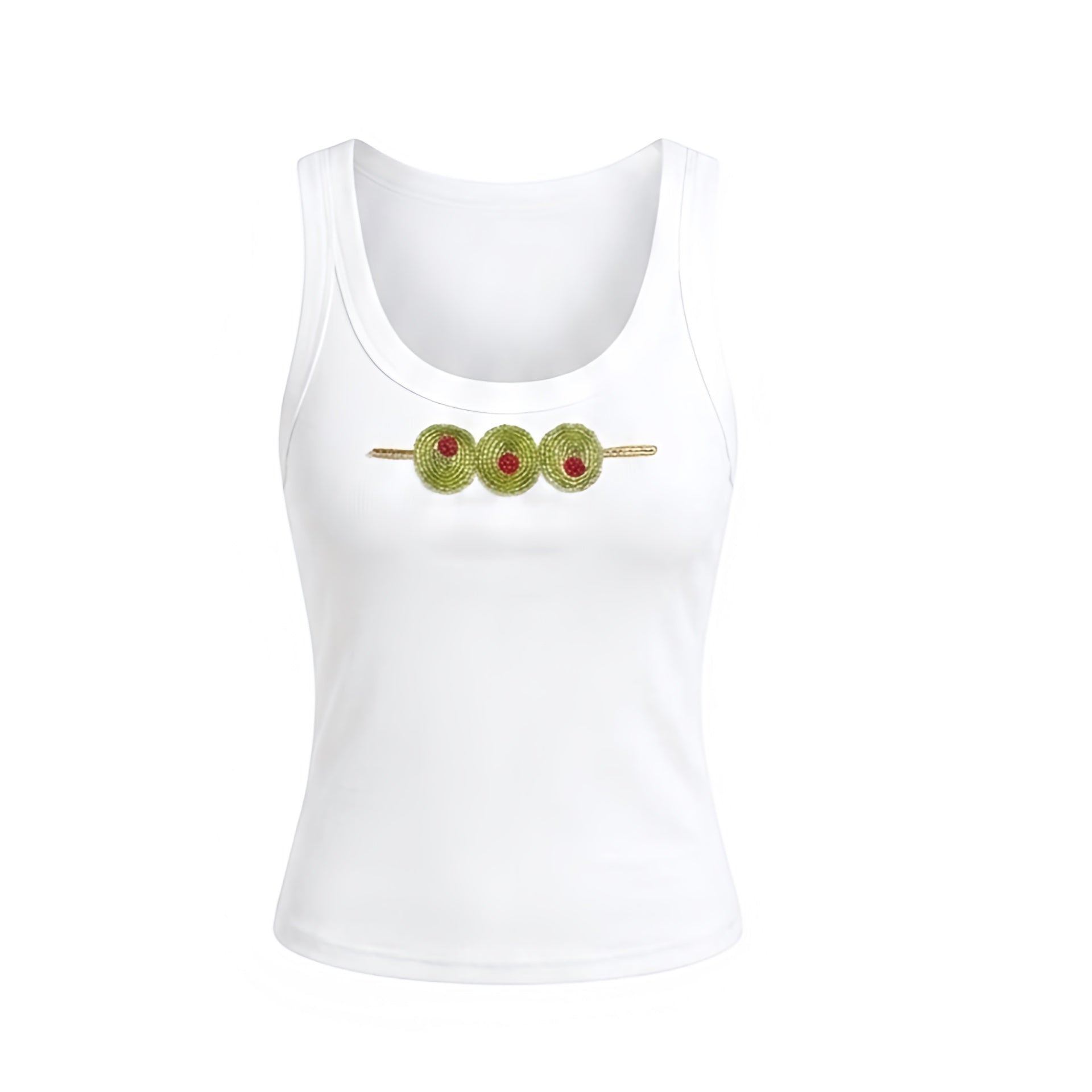 Olive Y2K sparkly beaded fitted scoop neck tank top with white olive bead design, green and red martini olive stick bead patterned detail. Slim fit bodycon ribbed cotton blend crop top with scoop neck, plunging neckline, spaghetti straps, sleeveless racerback silhouette and sparkling beaded finish. Y2K beaded top perfect for 2000s fashion, retro style, beach club outfits, Ibiza fashion, Euro summer, festival outfits, rave outfits, baddie outfits and beach girl style.