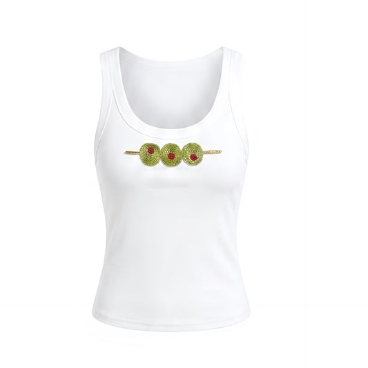 Olive Y2K sparkly beaded fitted scoop neck tank top with white olive bead design, green and red martini olive stick bead patterned detail. Slim fit bodycon ribbed cotton blend crop top with scoop neck, plunging neckline, spaghetti straps, sleeveless racerback silhouette and sparkling beaded finish. Y2K beaded top perfect for 2000s fashion, retro style, beach club outfits, Ibiza fashion, Euro summer, festival outfits, rave outfits, baddie outfits and beach girl style.