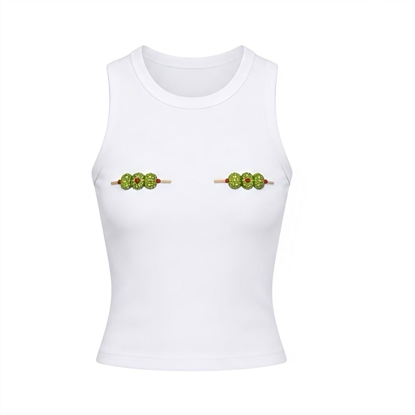 White Olive Y2K sparkly beaded fitted sleeveless tank top with green and red olive bead design, olive bead pattern and martini olive stick bead design. Slim fit skinny fit bodycon ribbed cotton blend top with scoop neck round neckline, sleeveless tank and muscle tank silhouette. Y2K beaded top perfect for 2000s fashion, retro style, vintage style, beach vacation, Euro summer, European summer, beach club outfits, Ibiza style, party outfits and baddie fits.

