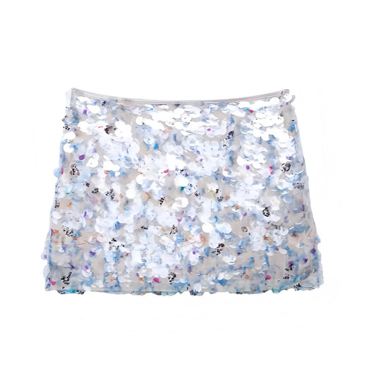 Opalescent iridescent sequin embellished slim fit low-rise mini skirt, sparkly pencil/sheath short; feminine sexy Y2K it-girl that-girl Ibiza style festival party club rave concert Euro summer vacation boho chic trendy 2025. Ships worldwide to US, UK, EU, AU, Canada and more.