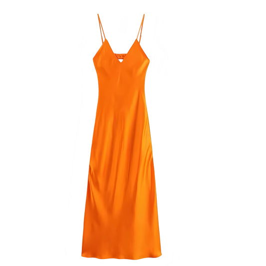 Orange Satin Bodycon V-Neck Spaghetti Strap Backless Maxi Slip Dress. Slim fit silhouette with sexy sleeveless bodycon cut, A-line shift-inspired maxi length, and elegant slip dress design. Perfect for women, teens, and ladies seeking chic, feminine fashion for holidays, vacations, sorority rush, prom, homecoming, formal events, evening parties, dances, night out, or going out looks. Trendy and elegant maxi slip dress ships worldwide to US, UK, Canada, Australia, Europe, Asia & more.