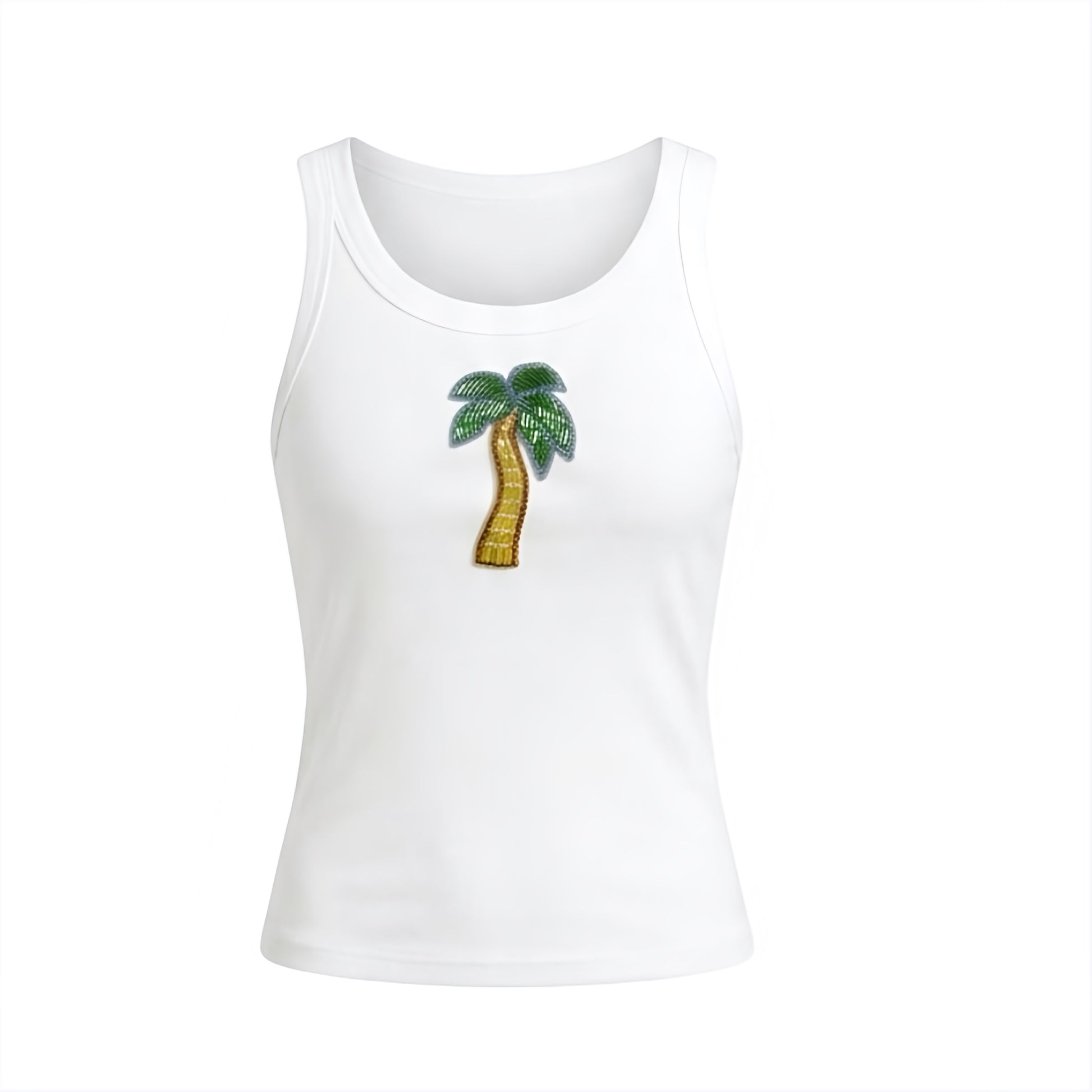 White Palm Tree Y2K sparkly beaded fitted scoop neck tank top with green palm tree bead design and shimmery sequin detailing. Slim fit skinny fit bodycon ribbed cotton blend tank top with scoop neck, plunging neckline, spaghetti straps, sleeveless racerback and crop top silhouette. Perfect for Y2K style, beach vacation outfits, Euro summer, Ibiza, Miami, Palm Beach, Florida, tropicalcore, mermaidcore, beach club and beach girl outfits.

