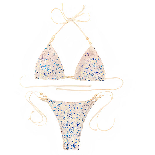 Pearl white off white cream white ivory white sequin embellished beaded pearl bead triangle string bikini set with spaghetti strap 2 piece matching swimwear. Sparkly glittery shimmery bikini in slim fit skinny fit wireless wire free halter tie neck v neck backless thong string design. Chic elegant beach vacation swimwear for womens teens ladies perfect euro summer Ibiza style rave festival outfit disco party beach club resort wear mermaidcore tropicalcore Florida aesthetic y2k fashion luxury bikini.