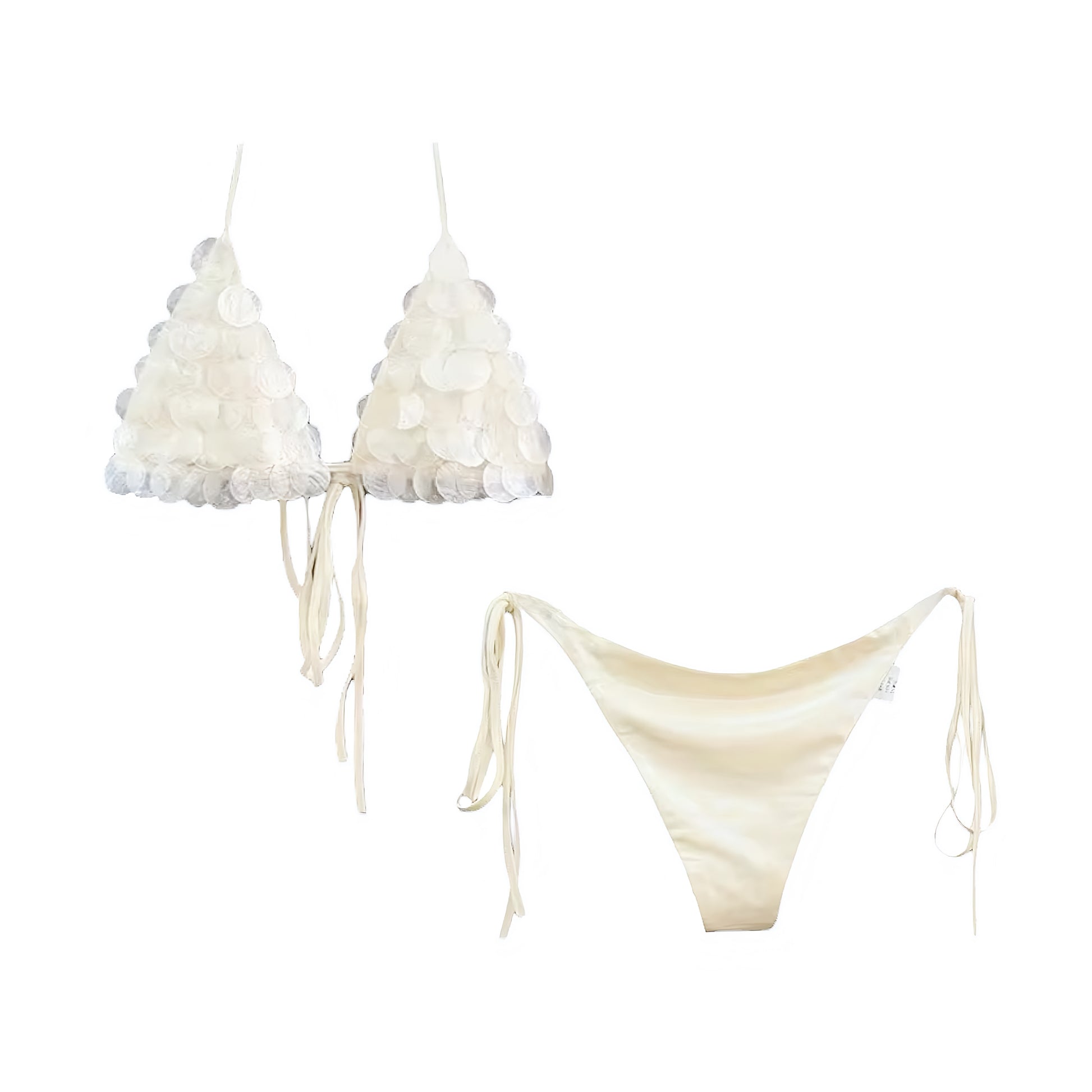 Pearl white sequin shell embellished beaded 2 piece triangle string bikini set in pearl white, off white, cream white, ivory. Sparkly sequined glittery shimmery slim fit skinny fit wireless wire-free push up bikini swimwear with halter tie neck, v neck triangle top, spaghetti straps, backless design, and cheeky thong or full coverage bottoms. Perfect for beach vacation, euro summer, Ibiza fashion, rave bikini, festival outfit, disco party, boho chic style, mermaidcore, tropicalcore, y2k aesthetic, coastal.