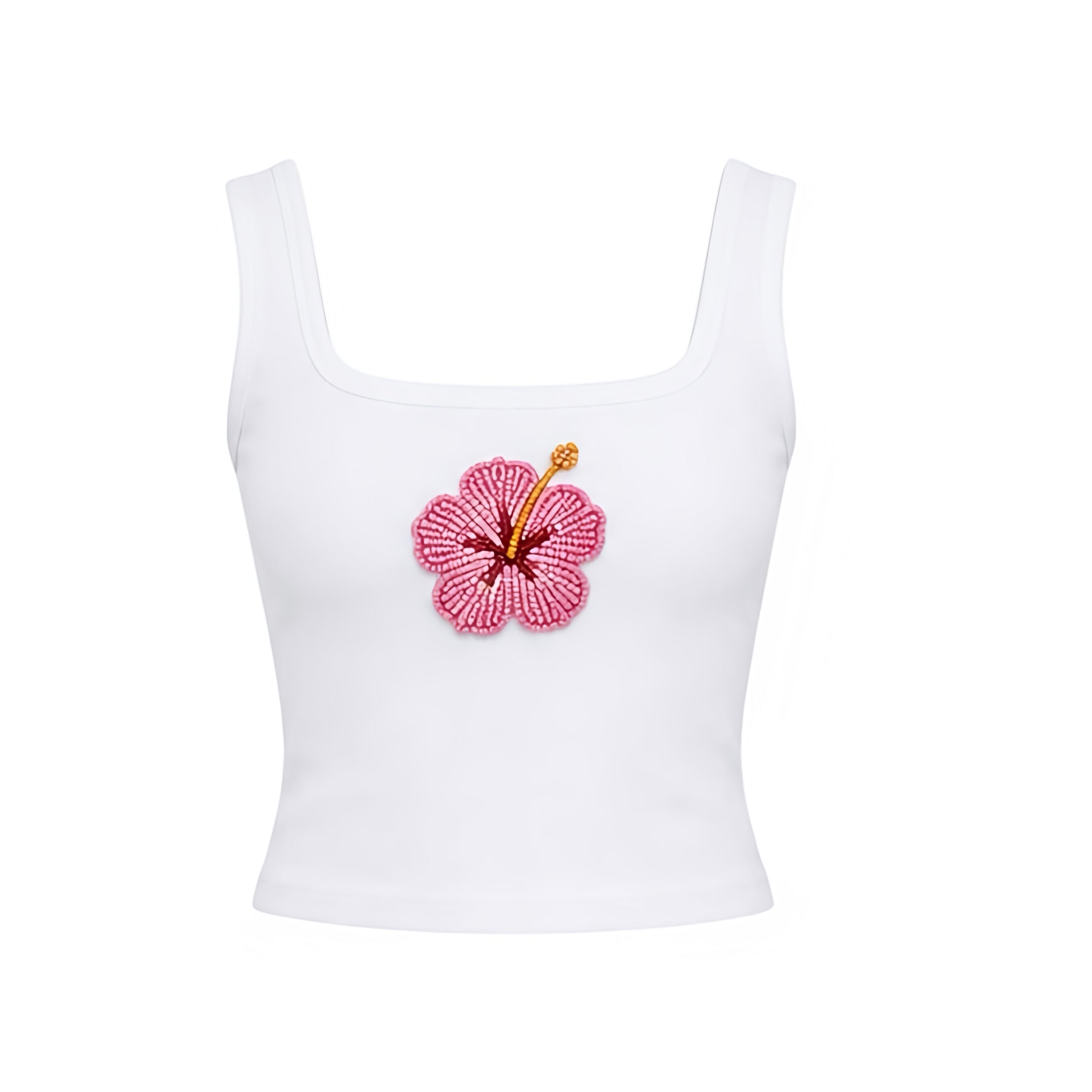 White Pink Hibiscus Y2K sparkly beaded fitted cropped tank top with hibiscus flower bead design, tropical flower bead design, floral bead pattern and pink, orange and yellow detailing. Slim fit skinny fit bodycon ribbed cotton blend top with plunging neckline, cleavage top, square neckline, sleeveless tank and cropped silhouette. Y2K beaded top perfect for tropicalcore, mermaidcore, Hawaii, Hawaiian style, Malibu Barbie, beach vacation, Ibiza, Euro summer and beach club outfits.
