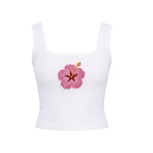 White Pink Hibiscus Y2K sparkly beaded fitted cropped tank top with hibiscus flower bead design, tropical flower bead design, floral bead pattern and pink, orange and yellow detailing. Slim fit skinny fit bodycon ribbed cotton blend top with plunging neckline, cleavage top, square neckline, sleeveless tank and cropped silhouette. Y2K beaded top perfect for tropicalcore, mermaidcore, Hawaii, Hawaiian style, Malibu Barbie, beach vacation, Ibiza, Euro summer and beach club outfits.
