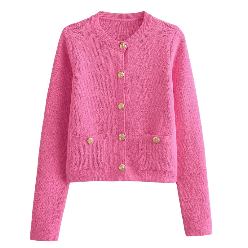 Pink Knit Gold Button-Down Long Sleeve Sweater for women and teens. Soft, cozy, and warm ribbed knitwear with elegant gold buttons. Feminine, chic, and trendy pink sweater inspired by Parisian fashion, coquette and preppy style, and clean girl aesthetics. Perfect for fall, autumn, and winter 2025 outfits. Ships globally and worldwide to the US, UK, Canada, Australia, Europe, and Asia.