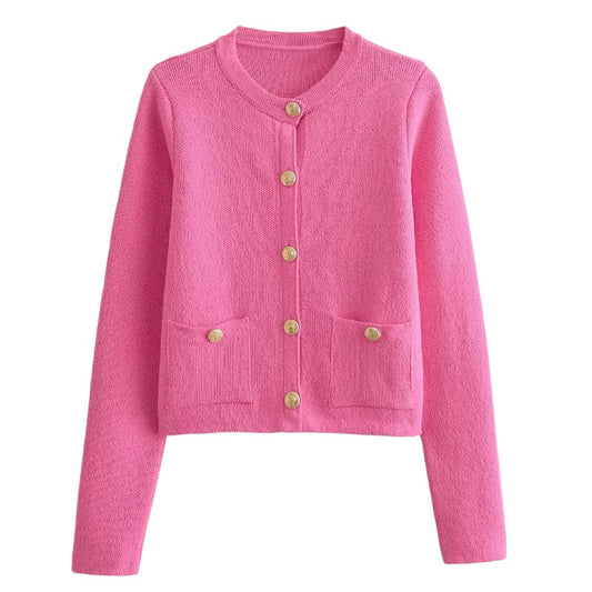 Pink Knit Gold Button-Down Long Sleeve Sweater for women and teens. Soft, cozy, and warm ribbed knitwear with elegant gold buttons. Feminine, chic, and trendy pink sweater inspired by Parisian fashion, coquette and preppy style, and clean girl aesthetics. Perfect for fall, autumn, and winter 2025 outfits. Ships globally and worldwide to the US, UK, Canada, Australia, Europe, and Asia.