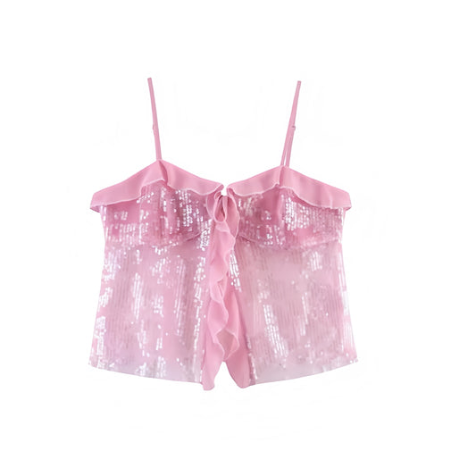 Pink sequin embellished slim fit ruffle trim sweetheart neckline spaghetti strap sleeveless backless crop tank top blouse for women teens chic boho Ibiza style Y2K sexy it girl that girl trendy summer vacation rave concert festival party club fashion 2025 with worldwide global shipping USA Canada UK Europe Asia Australia
