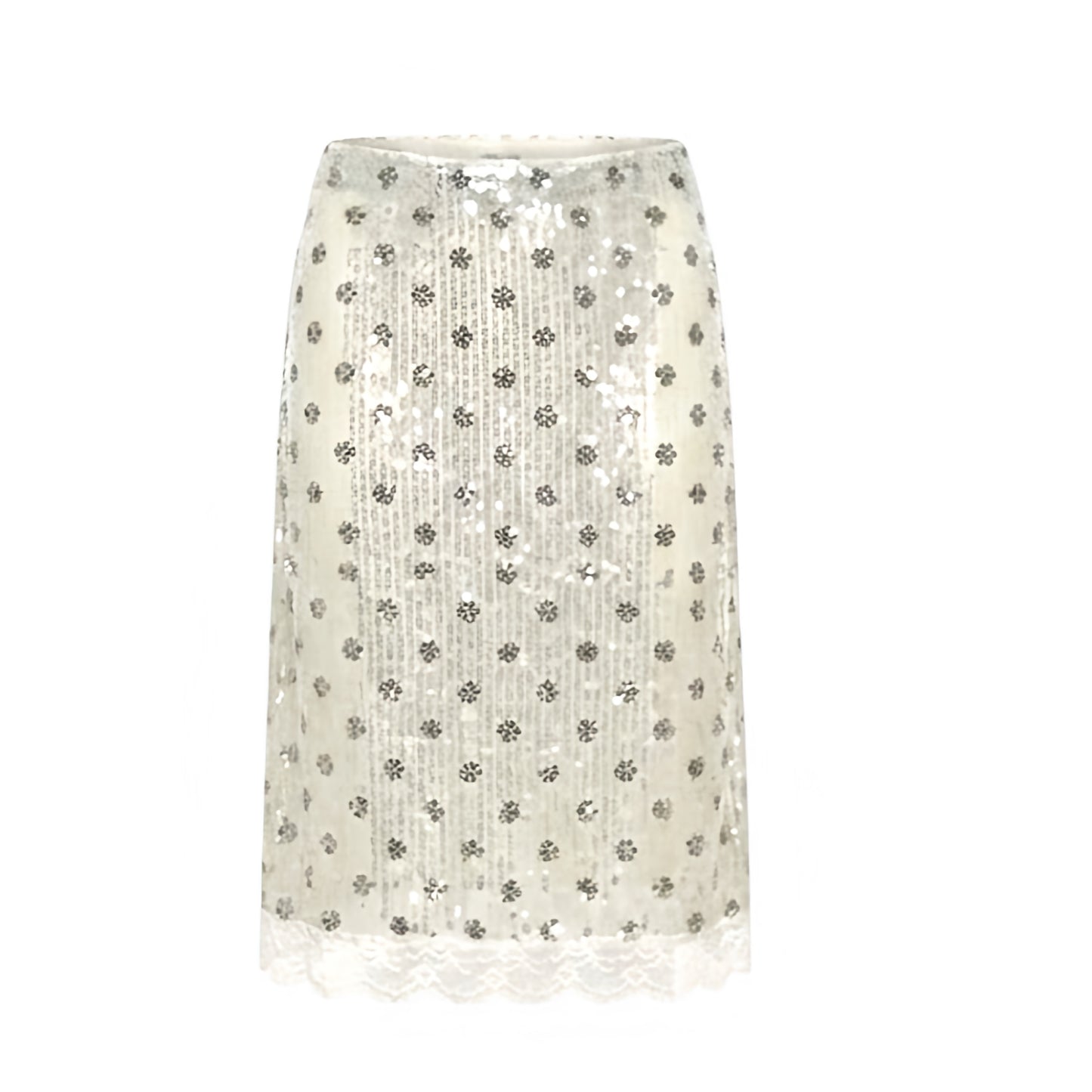 Polka dot sequin embellished lace trim slim fit low-rise midi skirt in white and black with white lace trim and floral lace details. Sparkly, shimmery, glittery bodycon pencil silhouette with low waist styling. Y2K 2000s fashion, coquette outfit, dollette outfit, soft feminine style, soft girl outfit, party outfit, night out, disco, rave, festival, Ibiza, baddie, mermaidcore and 2016 Tumblr style.