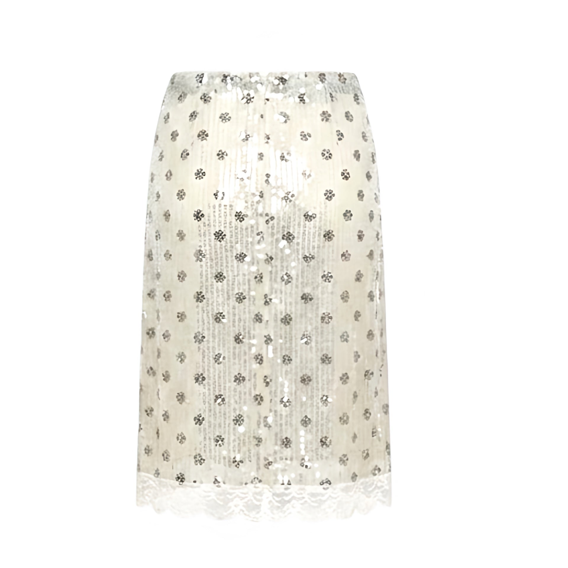 Polka dot sequin embellished lace trim slim fit low-rise midi skirt in white and black with white lace trim and floral lace details. Sparkly, shimmery, glittery bodycon pencil silhouette with low waist styling. Y2K 2000s fashion, coquette outfit, dollette outfit, soft feminine style, soft girl outfit, party outfit, night out, disco, rave, festival, Ibiza, baddie, mermaidcore and 2016 Tumblr style.

