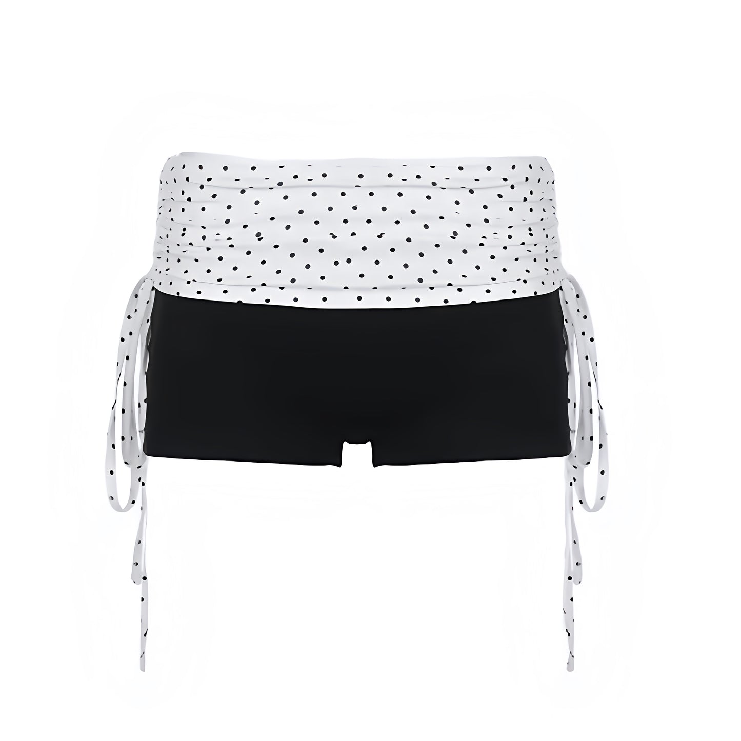 Black and white polka dot slim fold over low-rise micro shorts with dot patterned design, spandex and cotton blend fabric, slim fit bodycon skinny fit silhouette and fold over waistband. Y2K fold over shorts, short shorts, micro shorts, mini shorts and hot pants for women, teens and ladies. Perfect for Y2K style, 2000s fashion, party outfits, night out outfits, club wear, rave shorts, festival outfits, concert outfits, coquette outfits, baddie fits, streetwear, retro style, 2016 Tumblr style, Halloween.