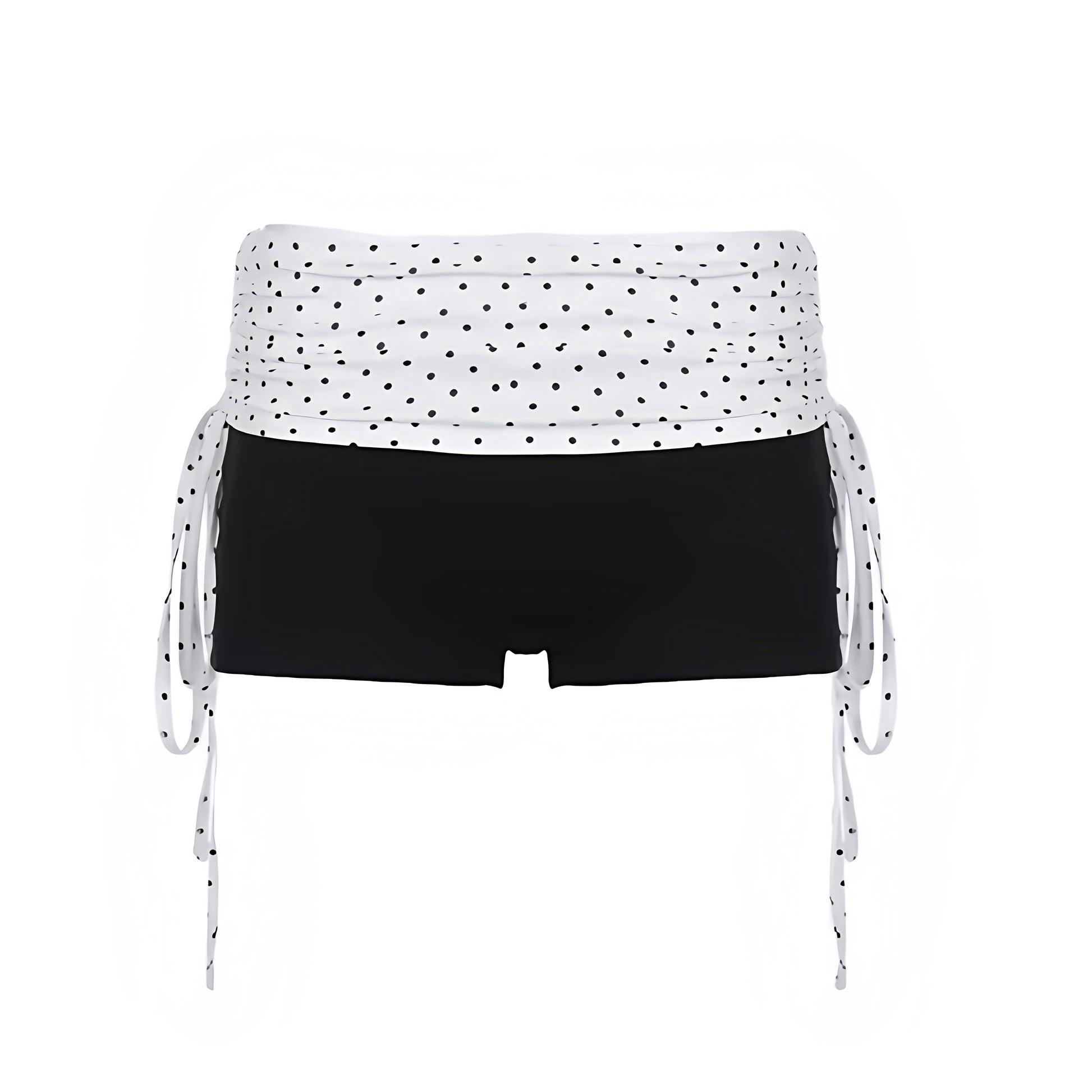 Black and white polka dot slim fold over low-rise micro shorts with dot patterned design, spandex and cotton blend fabric, slim fit bodycon skinny fit silhouette and fold over waistband. Y2K fold over shorts, short shorts, micro shorts, mini shorts and hot pants for women, teens and ladies. Perfect for Y2K style, 2000s fashion, party outfits, night out outfits, club wear, rave shorts, festival outfits, concert outfits, coquette outfits, baddie fits, streetwear, retro style, 2016 Tumblr style, Halloween.