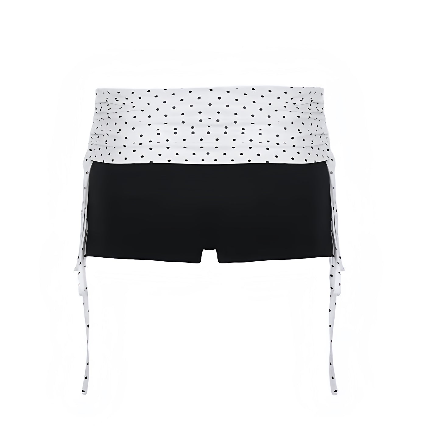 Black and white polka dot slim fold over low-rise micro shorts with dot patterned design, spandex and cotton blend fabric, slim fit bodycon skinny fit silhouette and fold over waistband. Y2K fold over shorts, short shorts, micro shorts, mini shorts and hot pants for women, teens and ladies. Perfect for Y2K style, 2000s fashion, party outfits, night out outfits, club wear, rave shorts, festival outfits, concert outfits, coquette outfits, baddie fits, streetwear, retro style, 2016 Tumblr style, Halloween.