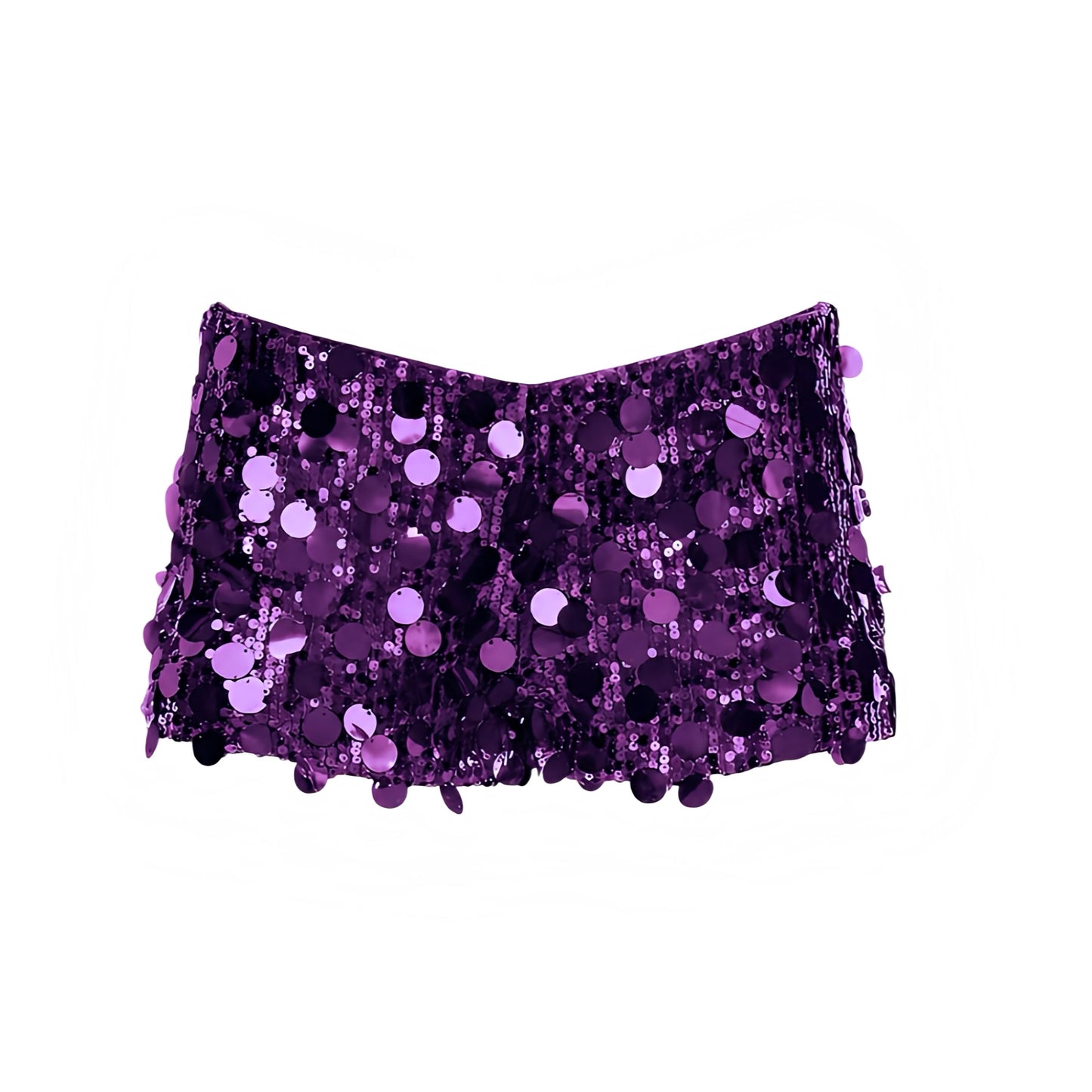 Purple sequin embellished low-rise micro shorts with sparkly, glittery, shimmery and beaded detailing. Slim fit bodycon skinny fit short shorts, mini shorts and hot pants for women, teens and ladies. Perfect for Y2K style, 2000s fashion, party outfits, night out outfits, going out outfits, club wear, disco parties, rave shorts, festival outfits, concert outfits, Ibiza style, baddie outfits, Halloween costumes, mermaidcore and retro style.
