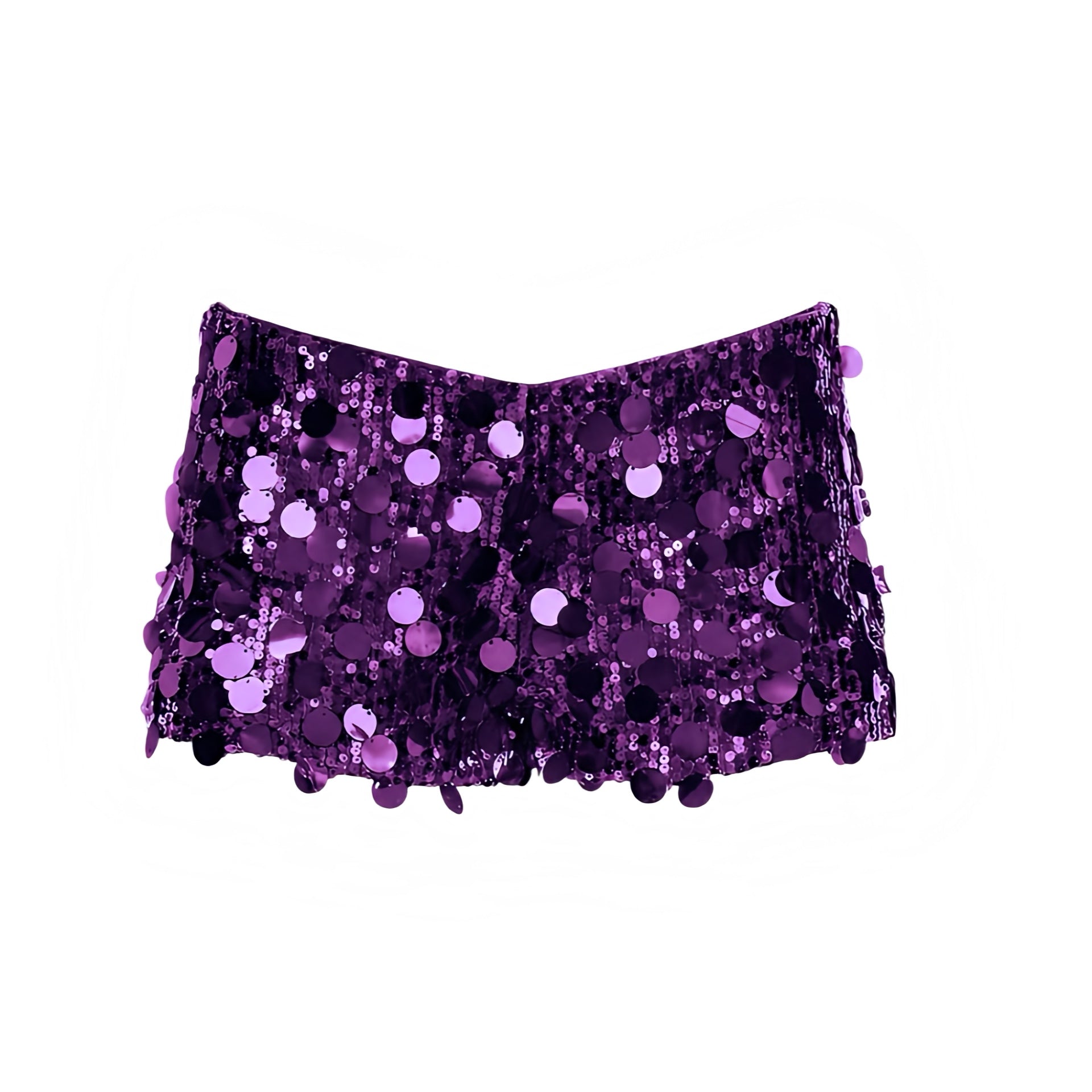 Purple sequin embellished low-rise micro shorts with sparkly, glittery, shimmery and beaded detailing. Slim fit bodycon skinny fit short shorts, mini shorts and hot pants for women, teens and ladies. Perfect for Y2K style, 2000s fashion, party outfits, night out outfits, going out outfits, club wear, disco parties, rave shorts, festival outfits, concert outfits, Ibiza style, baddie outfits, Halloween costumes, mermaidcore and retro style.