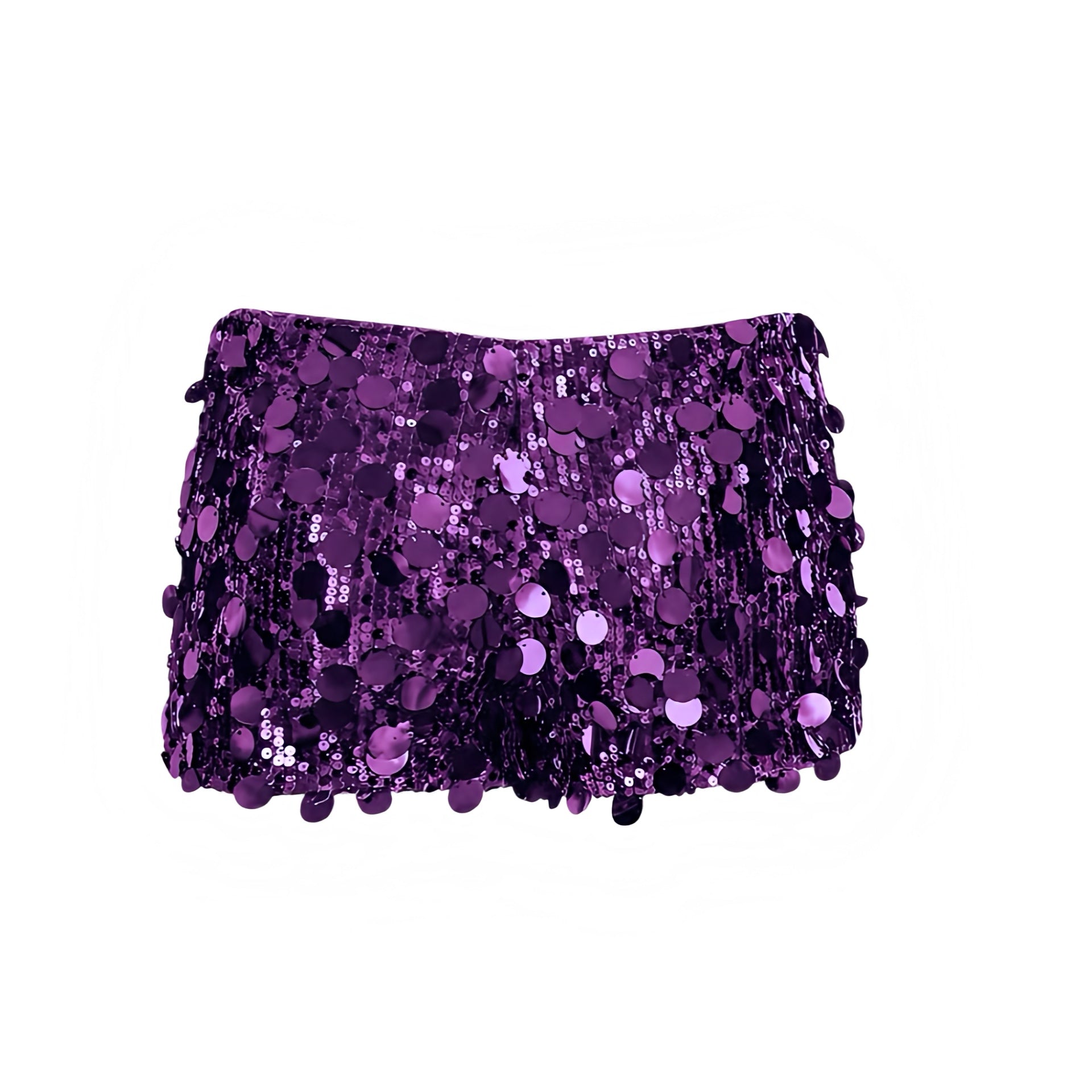 Purple sequin embellished low-rise micro shorts with sparkly, glittery, shimmery and beaded detailing. Slim fit bodycon skinny fit short shorts, mini shorts and hot pants for women, teens and ladies. Perfect for Y2K style, 2000s fashion, party outfits, night out outfits, going out outfits, club wear, disco parties, rave shorts, festival outfits, concert outfits, Ibiza style, baddie outfits, Halloween costumes, mermaidcore and retro style.
