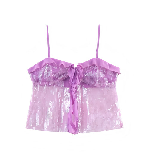 Purple sequin embellished slim fit ruffle trim sweetheart neckline spaghetti strap sleeveless backless crop tank top blouse for women teens chic boho Ibiza style Y2K sexy it girl that girl trendy summer vacation rave concert festival party club fashion 2025 with worldwide global shipping USA Canada UK Europe Asia Australia
