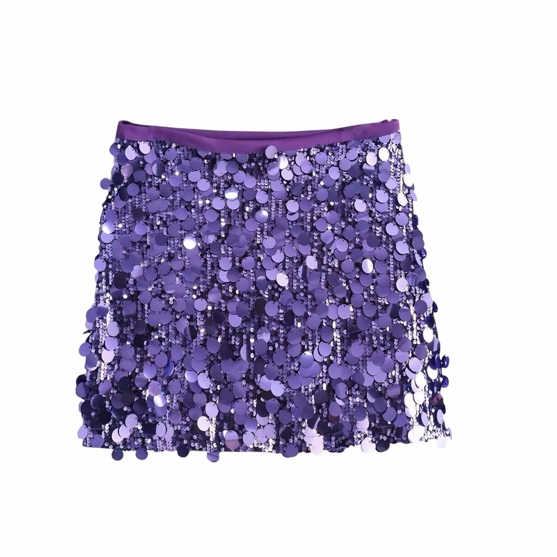Purple sequin embellished slim fit low-rise mini skirt, sparkly pencil/sheath; feminine sexy Y2K it-girl that-girl Ibiza style festival party club rave concert Euro summer vacation chic boho bohemian trendy 2025. Ships worldwide to US, UK, EU, AU, Canada and more.
