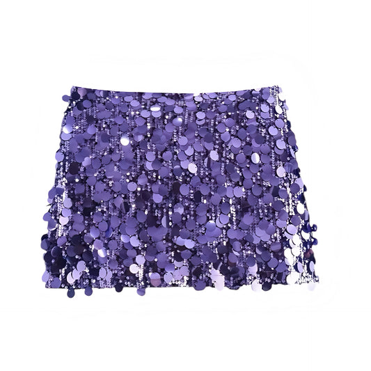 Purple sequin embellished slim fit low-rise mini skirt, sparkly pencil/sheath; feminine sexy Y2K it-girl that-girl Ibiza style festival party club rave concert Euro summer vacation chic boho bohemian trendy 2025. Ships worldwide to US, UK, EU, AU, Canada and more.