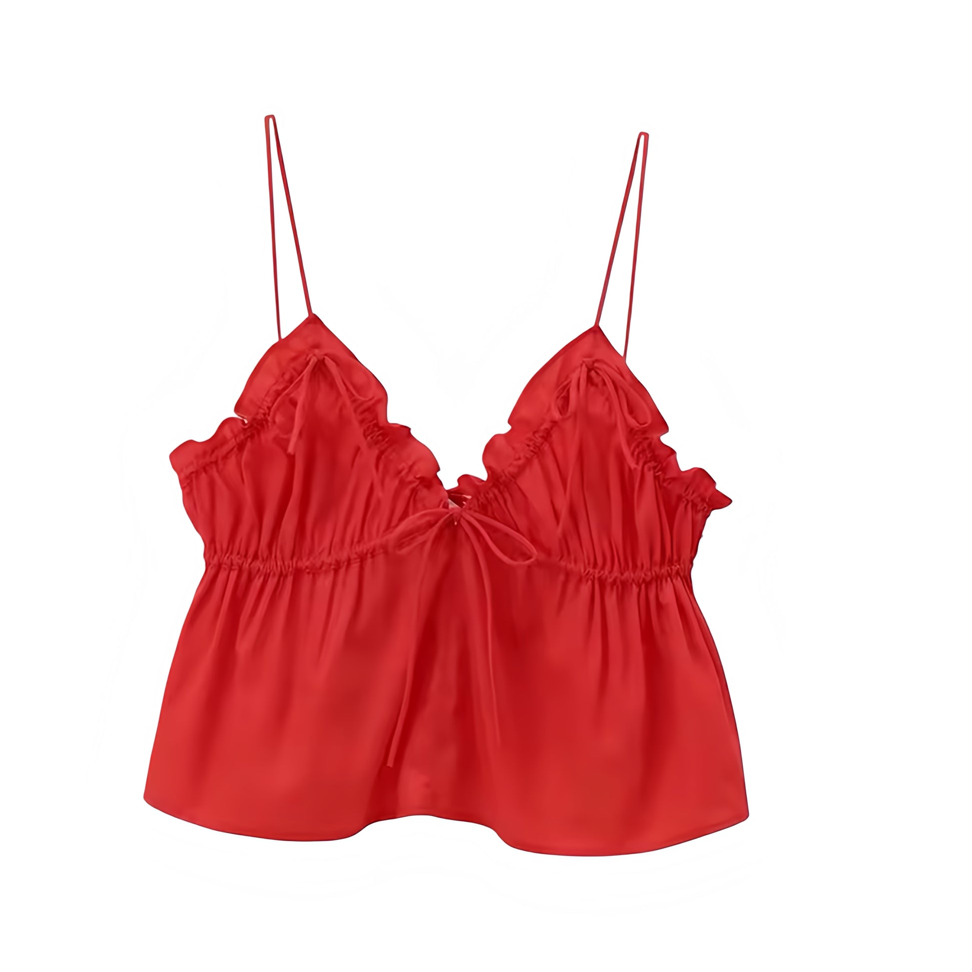 Red bow ruffle trim v neck spaghetti strap backless tank top. Slim fit crop blouse with ruched plisse flared peplum ruffled details, sweetheart neckline, and feminine sleeveless design. Women’s and teens’ summer and fall 2025 fashion. Chic elegant coquette Y2K trendy style perfect for holiday, vacation, everyday casual wear, sorority rush, school, evening, party, night out, going out, sexy club wear, preppy style, and Valentines Day outfits. Ships worldwide to USA, Australia, New Zealand, UK, Canada, Europe