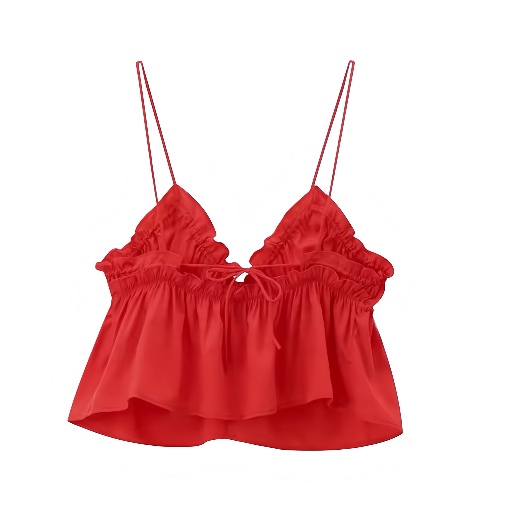 Red bow ruffle trim v neck spaghetti strap backless tank top. Slim fit crop blouse with ruched plisse flared peplum ruffled details, sweetheart neckline, and feminine sleeveless design. Women’s and teens’ summer and fall 2025 fashion. Chic elegant coquette Y2K trendy style perfect for holiday, vacation, everyday casual wear, sorority rush, school, evening, party, night out, going out, sexy club wear, preppy style, and Valentines Day outfits. Ships worldwide to USA, Australia, New Zealand, UK, Canada, Europe