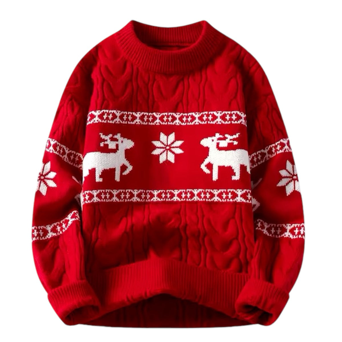 Red cable knit reindeer snowflake geometric Fair Isle patterned long sleeve pullover sweater featuring soft warm chunky knit fabric, ribbed cuffs and hem, round crewneck neckline and cozy winter knitwear design. Classic Scandinavian holiday sweater ideal for Christmas parties, festive outfits, apres ski, ski trips and winter 2025 fashion for women and teens. Global worldwide shipping available to US, Australia, New Zealand, UK, Canada, Europe, Asia and more.


