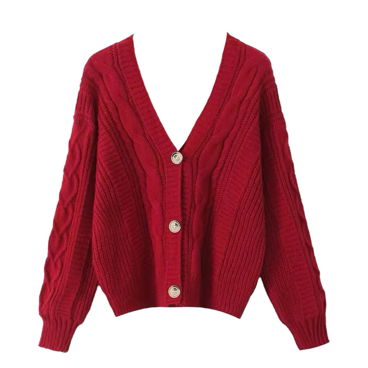 Red cable knit V-neck long sleeve cardigan sweater for women and teens, bright red chunky knit soft fuzzy cozy warm thick textured oversized button-down knitwear with tortoiseshell buttons, elegant trendy chic jumper for fall autumn winter 2025, Zara and Aritzia dupe cardigan, fashionable casual streetwear knitwear ships globally worldwide to US, UK, Canada, Europe, and Australia.