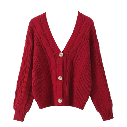 Red cable knit V-neck long sleeve cardigan sweater for women and teens, bright red chunky knit soft fuzzy cozy warm thick textured oversized button-down knitwear with tortoiseshell buttons, elegant trendy chic jumper for fall autumn winter 2025, Zara and Aritzia dupe cardigan, fashionable casual streetwear knitwear ships globally worldwide to US, UK, Canada, Europe, and Australia.
