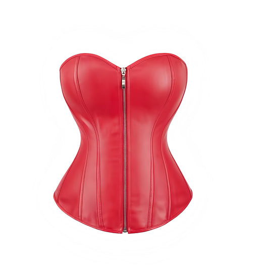 Red faux leather zip-down strapless bustier corset top with sweetheart neckline, slim fit bodycon framed silhouette, metallic zipper, and lace-up front. Sexy bright cherry red crop tube bustier corset for women, teens, and ladies. Perfect for chic trendy evening looks, parties, night out, going out, club wear, rave, festival, concert, vintage retro coquette Y2K fashion, it girl baddie style, and Halloween adults devil costume or halloweekend 2025 outfit. Ships globally worldwide to US, Australia, Europe.