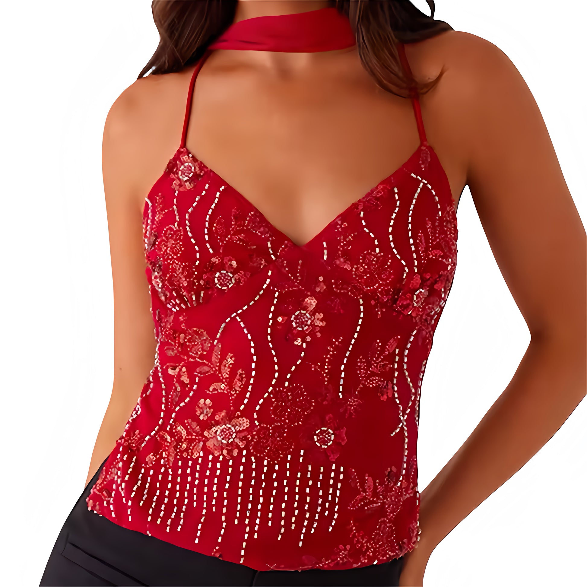 Red floral beaded sequin embellished v-neck halter scarf crop tank top slim fit sleeveless backless 3D flower patterned chic boho Ibiza style euro summer rave festival concert clubwear sexy trendy 2025 women teens it girl that girl with global shipping USA Canada UK Australia Europe Asia