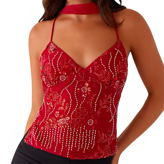 Red floral beaded sequin embellished v-neck halter scarf crop tank top slim fit sleeveless backless 3D flower patterned chic boho Ibiza style euro summer rave festival concert clubwear sexy trendy 2025 women teens it girl that girl with global shipping USA Canada UK Australia Europe Asia