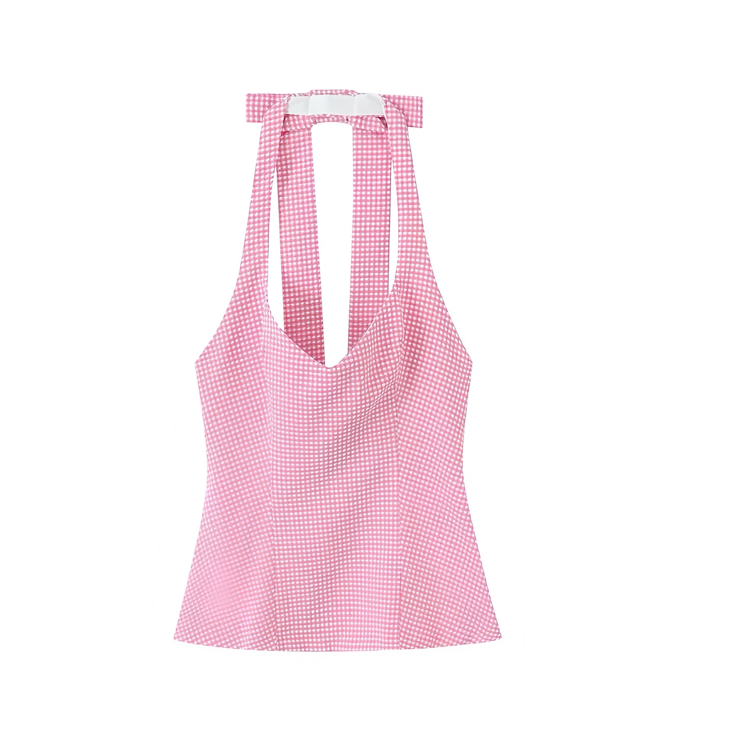 Red gingham checkered slim fit V-neck halter corset tank top, sleeveless backless bustier bodycon crop top for women, chic sexy Y2K trendy club night out outfit 2025.