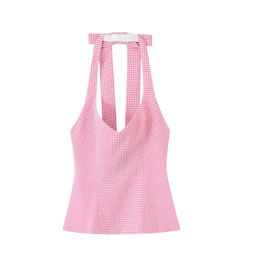 Red gingham checkered slim fit V-neck halter corset tank top, sleeveless backless bustier bodycon crop top for women, chic sexy Y2K trendy club night out outfit 2025.
