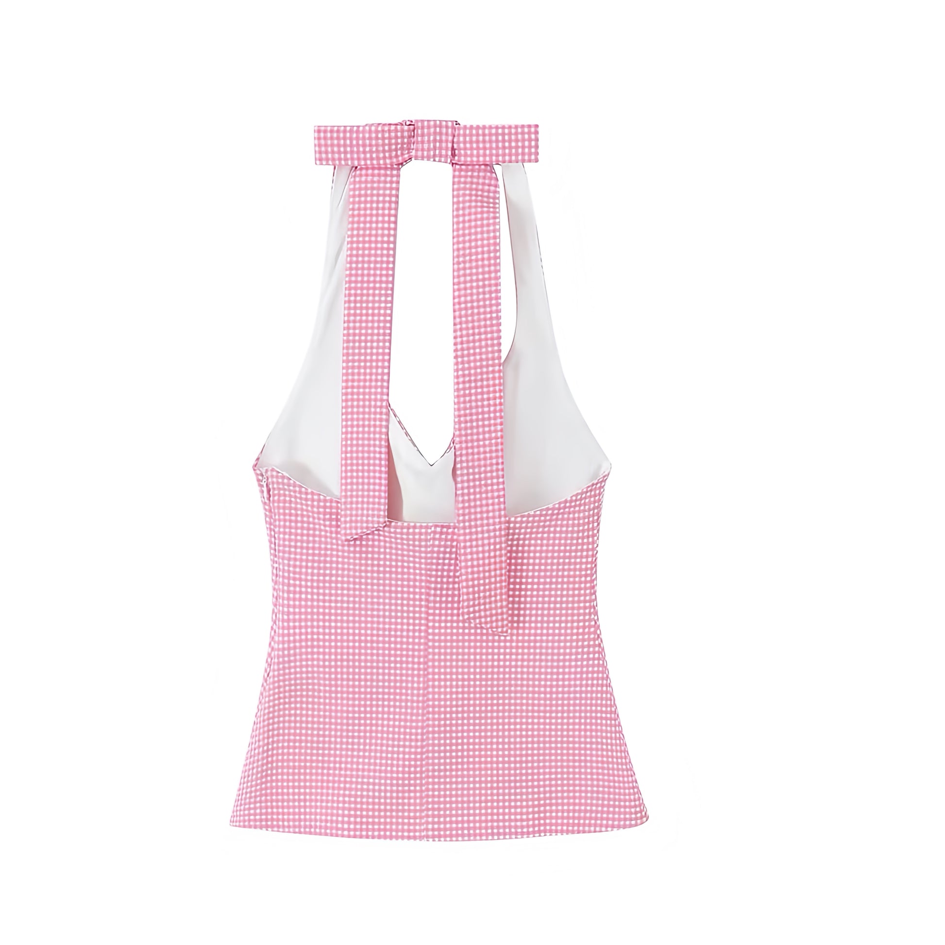Red gingham checkered slim fit V-neck halter corset tank top, sleeveless backless bustier bodycon crop top for women, chic sexy Y2K trendy club night out outfit 2025.