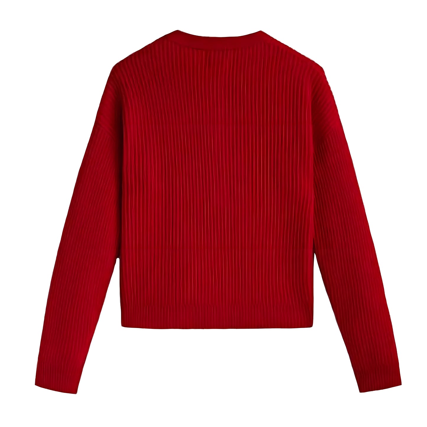 Red Gold Button-Down Long Sleeve Cardigan Sweater for women and teens. Soft, cozy, and warm ribbed knitwear with gold button details. Feminine, chic, and elegant cherry red cardigan inspired by Parisian and old money style. Perfect for fall, autumn, winter, and Christmas 2025 fashion looks. Ships globally and worldwide to the US, UK, Canada, Australia, Europe, and Asia.