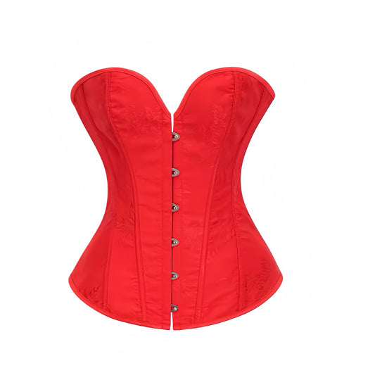 Red satin lace-up strapless bustier corset top with sweetheart neckline, slim fit bodycon silhouette, and floral patterned satin detail. Sexy bright cherry red crop tube top for women, teens, and ladies. Perfect for trendy chic evening outfits, going out looks, parties, night out, club wear, rave, festival, concert, vintage retro Y2K fashion, coquette style, and Halloween adults devil costume or halloweekend 2025 outfit. Ships globally worldwide to US, Australia, New Zealand, UK, Canada, Germany, France.