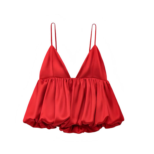 Red satin v-neck spaghetti strap peplum crop tank top for women and teens. Slim fit sleeveless blouse with ruffle trim, pleated plisse, flared chic trendy style. Sexy backless Y2K fashion, Valentine’s Day party outfit, club wear, sorority rush, preppy style. Perfect for summer, fall, holiday, vacation, casual everyday, evening, going out. Ships globally worldwide to USA, Australia, New Zealand, UK, Canada, Germany, France, Ireland, Denmark, Sweden, Switzerland, Spain, Netherlands, Poland, Italy, Europe.