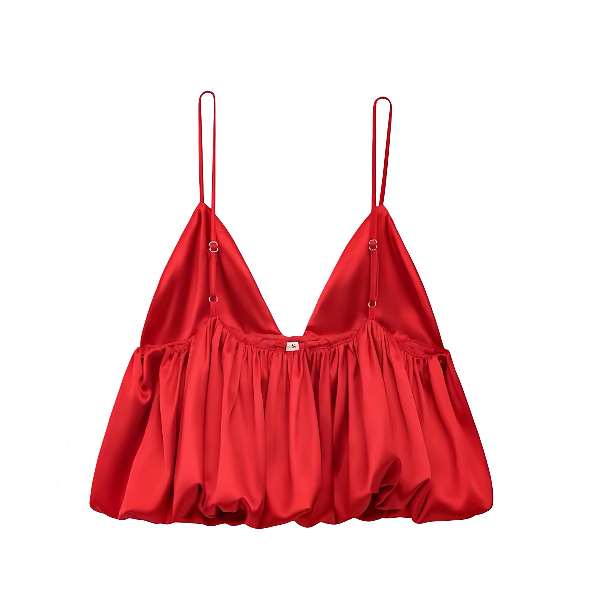 Red satin v-neck spaghetti strap peplum crop tank top for women and teens. Slim fit sleeveless blouse with ruffle trim, pleated plisse, flared chic trendy style. Sexy backless Y2K fashion, Valentine’s Day party outfit, club wear, sorority rush, preppy style. Perfect for summer, fall, holiday, vacation, casual everyday, evening, going out. Ships globally worldwide to USA, Australia, New Zealand, UK, Canada, Germany, France, Ireland, Denmark, Sweden, Switzerland, Spain, Netherlands, Poland, Italy, Europe.
