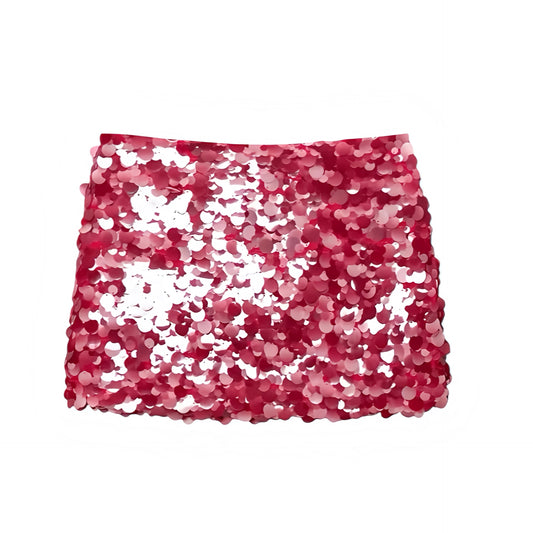 Red sequin embellished slim fit low-rise mini skirt, sparkly pencil sheath short skirt for women and teens; sexy chic Y2K it-girl that-girl Ibiza style festival party club night out rave concert Euro summer vacation boho bohemian trendy 2025. Ships worldwide to US, UK, EU, AU, Canada and more.