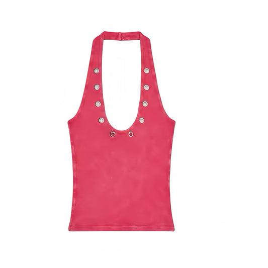 Red slim fit studded sleeveless scoop-neck backless halter tank top with washed metallic details, slim bodycon silhouette, skinny fit, and cropped cut. Sexy corset-inspired camisole top for womens, teens, and ladies. Perfect for summer and fall 2025 vintage retro feminine fashion, casual everyday looks, Y2K chic coquette style, sexy night out outfits, party wear, trendy club wear, festival and rave looks, concerts, western cowgirl and rockstar styles, Ibiza fashion, boho chic, Stockholm street wear, it girl